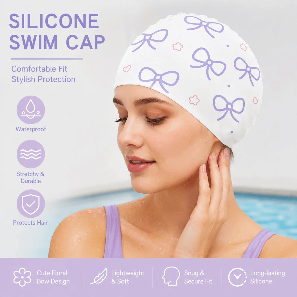 Bow Print Silicone Swim Cap – Oversized Watertight Swimming Hat Silicone Swim Cap Axl