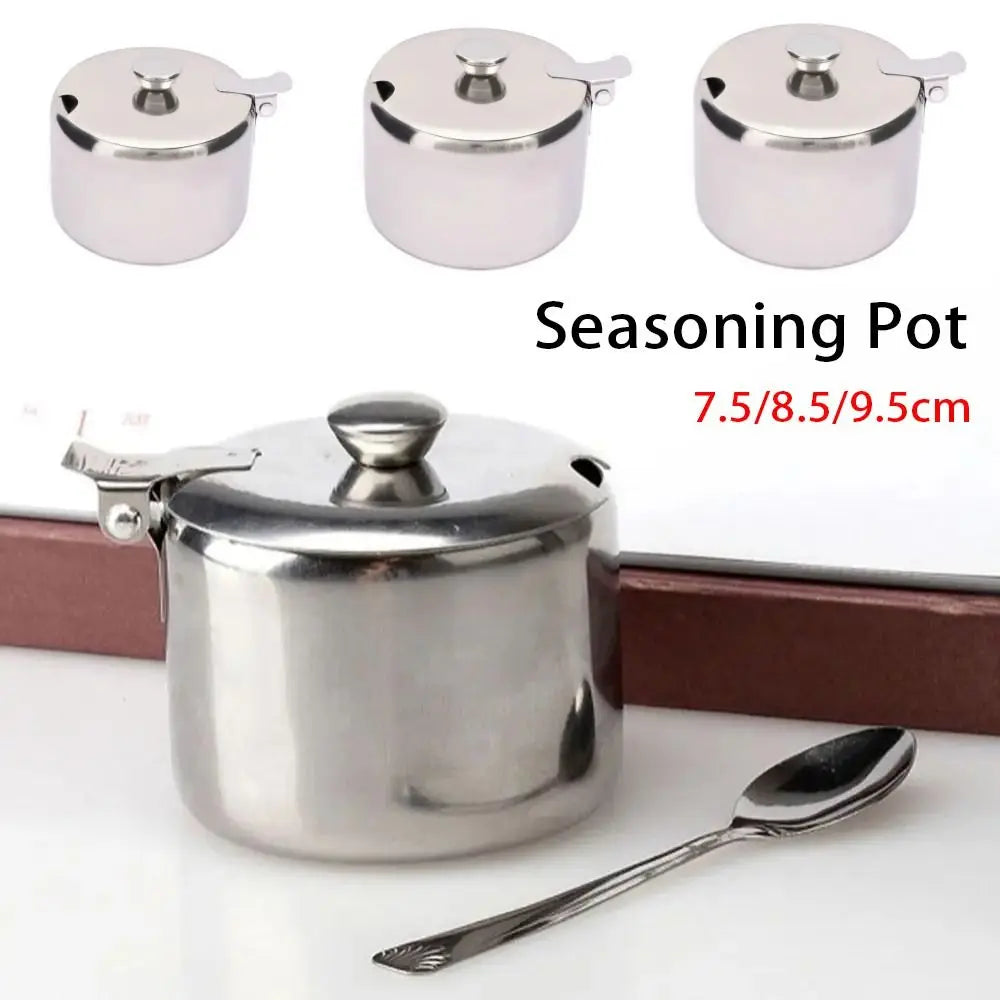 Stainless Steel Sugar Pot with Lid & Spoon | Salt Jam Jar Condiment Storage Jar Axl