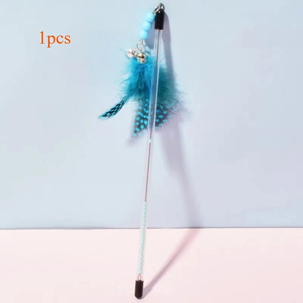 Retractable Feather Wand Cat Toy – Interactive Kitten Teaser Feather Cat Wand Axl blue