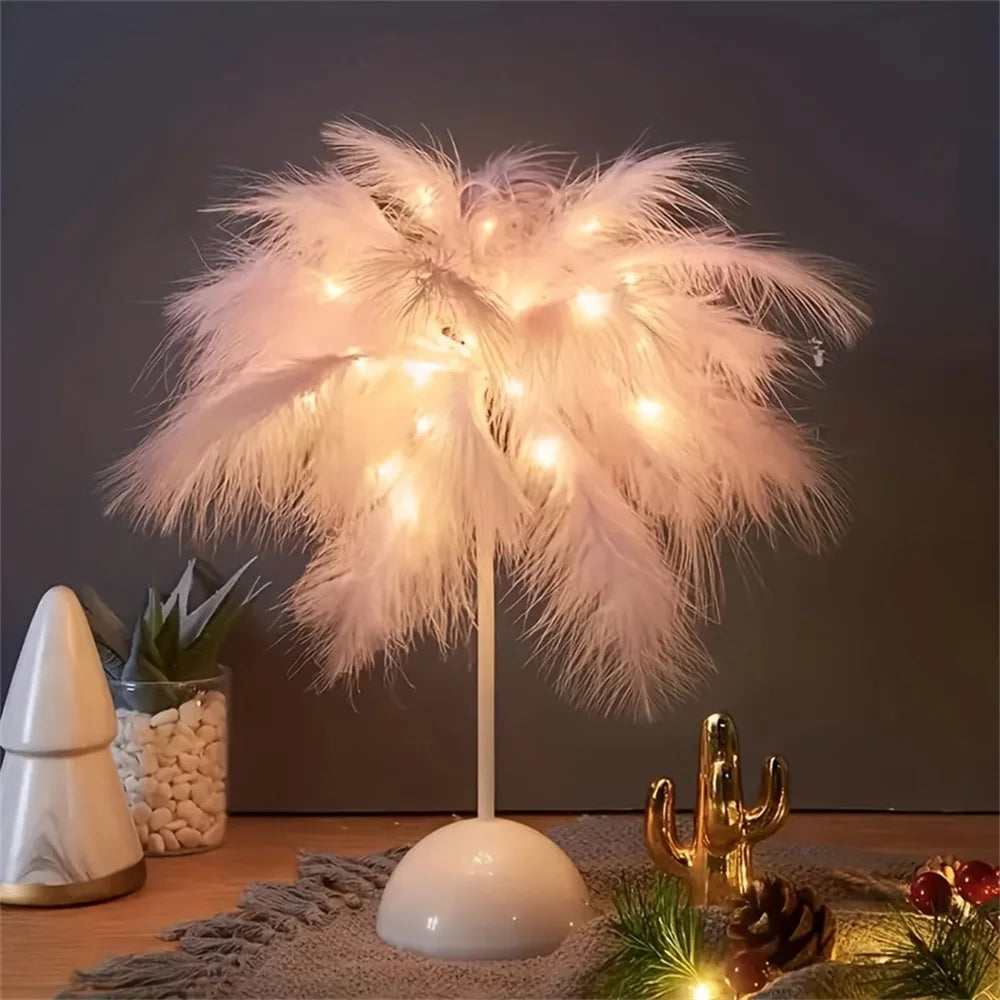 LED Feather Table Lamp – Warm White Night Light & Home Decor Decorative Night Light Axl Pink