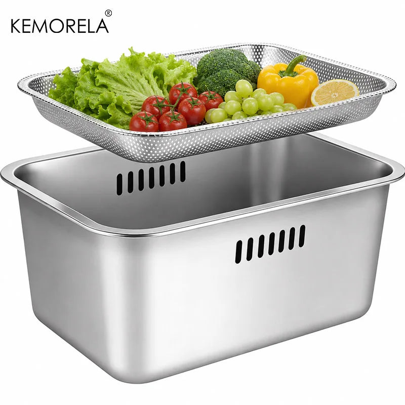 KEMORELA 10L Stainless Steel Washing Bowl with Filter Screen Kitchen Colander Basin Axl 1 Set