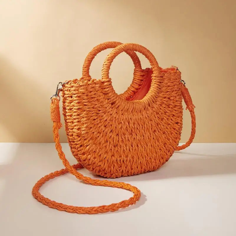 Handwoven Straw Half-Moon Beach Bag | Women's Crossbody Straw Beach Bag Axl Orange