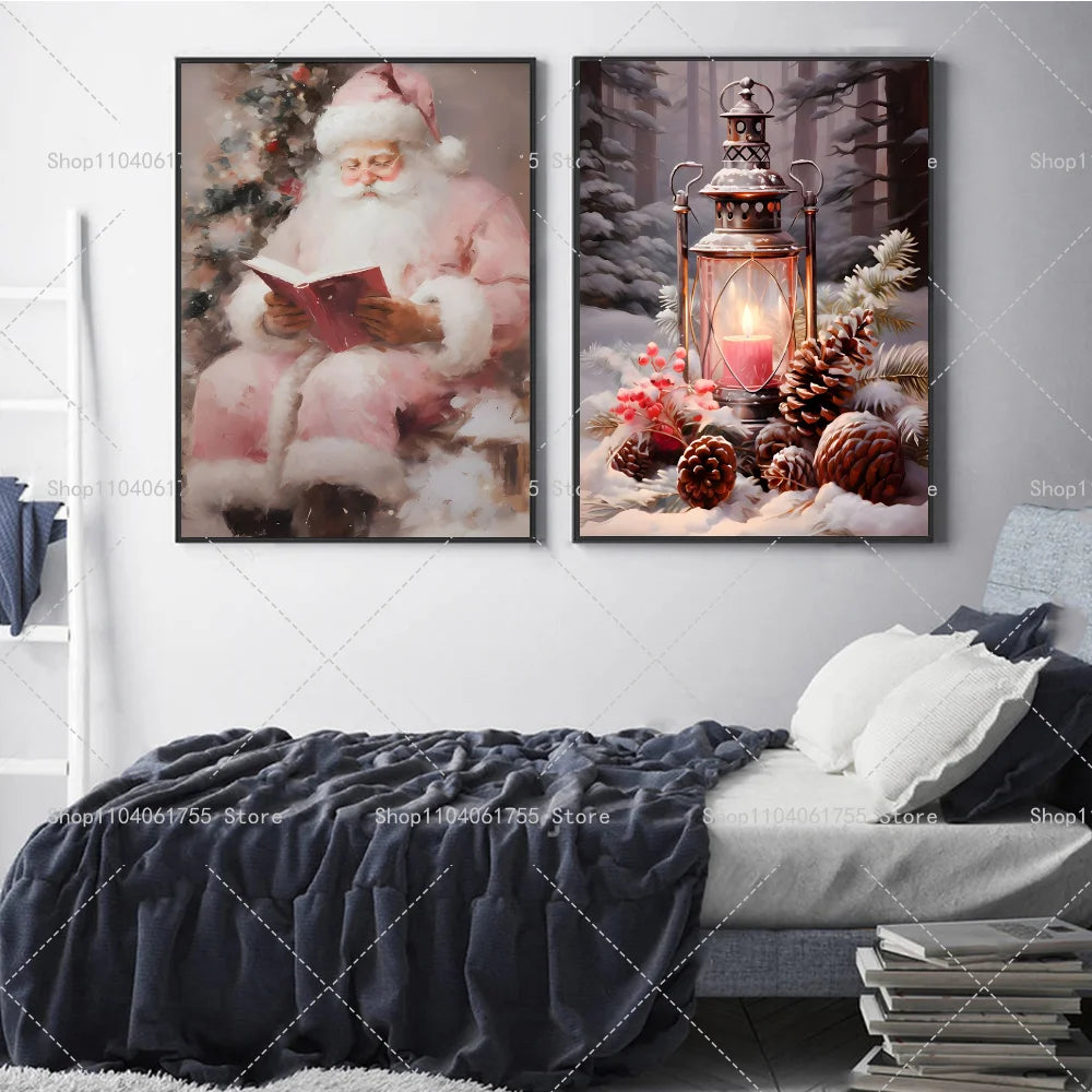 Christmas Pink Reindeer Santa Wall Poster | Self-Adhesive Sticker Wall Art Poster Axl