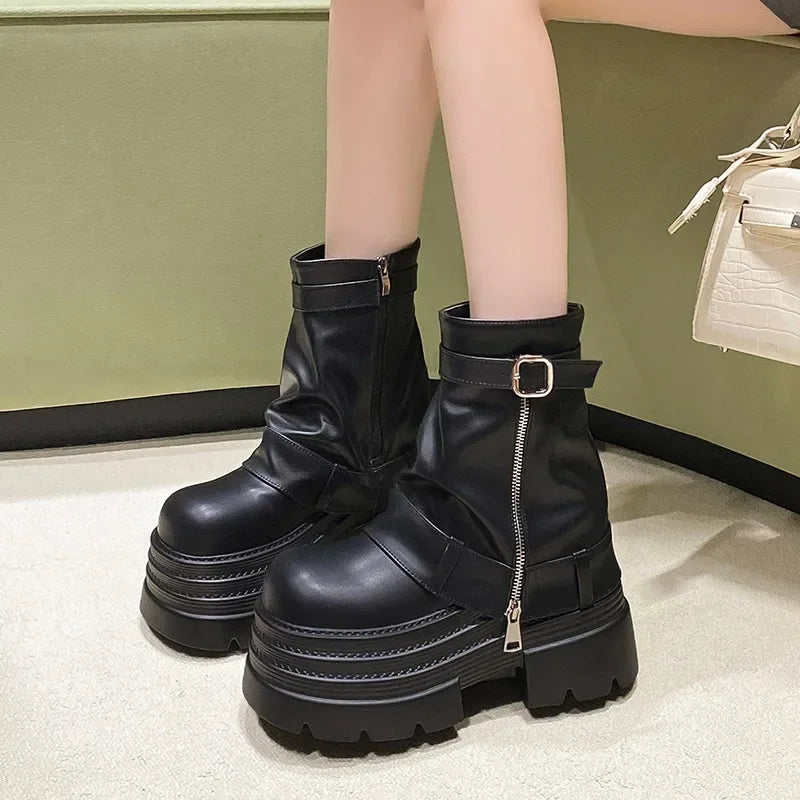 Women's Chunky Platform Ankle Boots 10CM Block Heel Punk Platform Ankle Boots Axl
