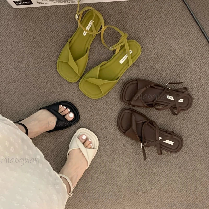 Women's Flat Roman Gladiator Sandals – Square Toe Beach Shoes Women's Flat Sandals Axl