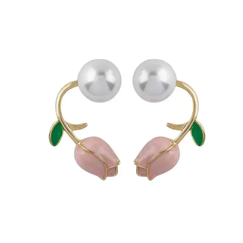 Huitan Pink Rose Stud Earrings with Imitation Pearl | Women Stud Earrings Axl