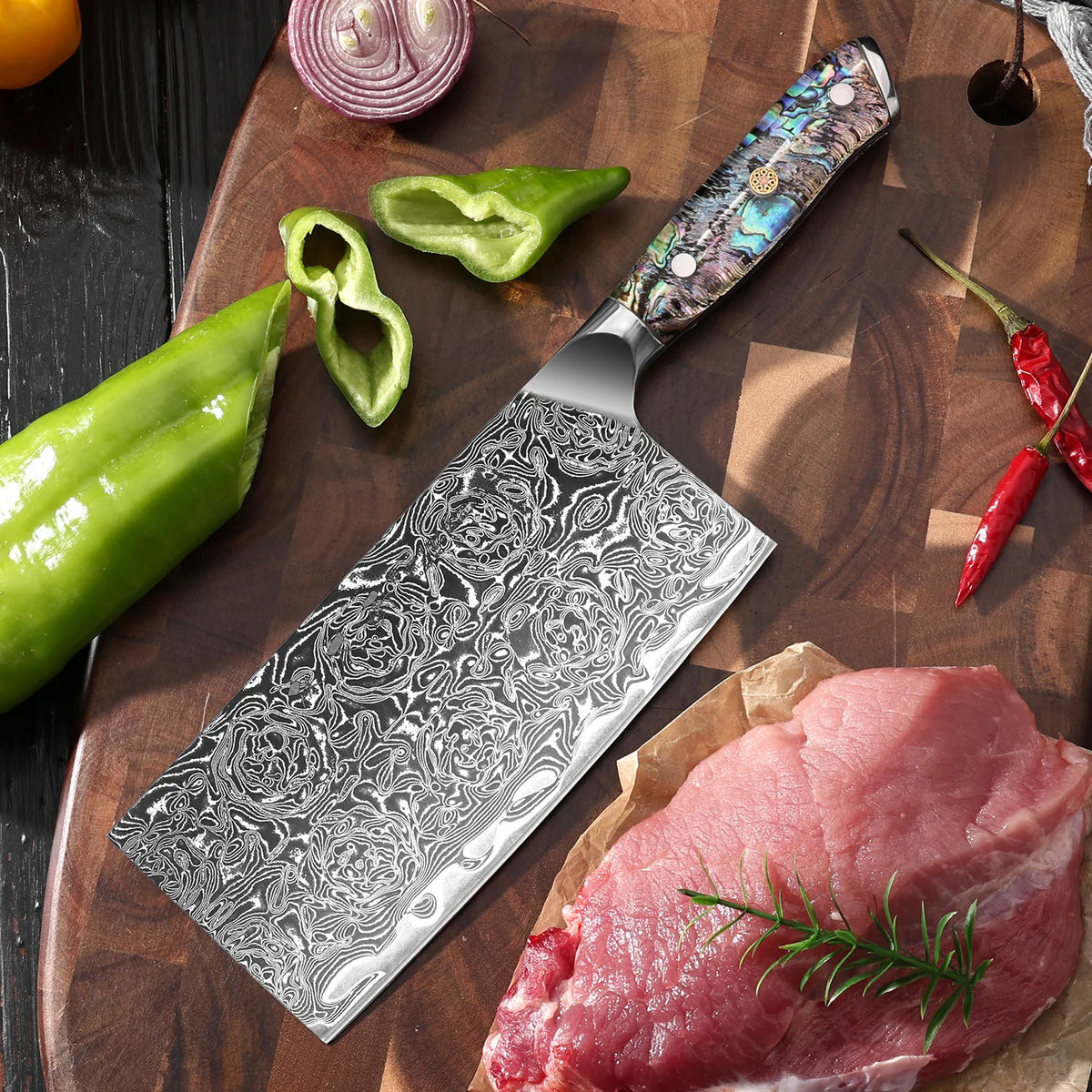 67-Layer Damascus Steel Chinese Cleaver – Abalone Handle Damascus Kitchen Knife Axl