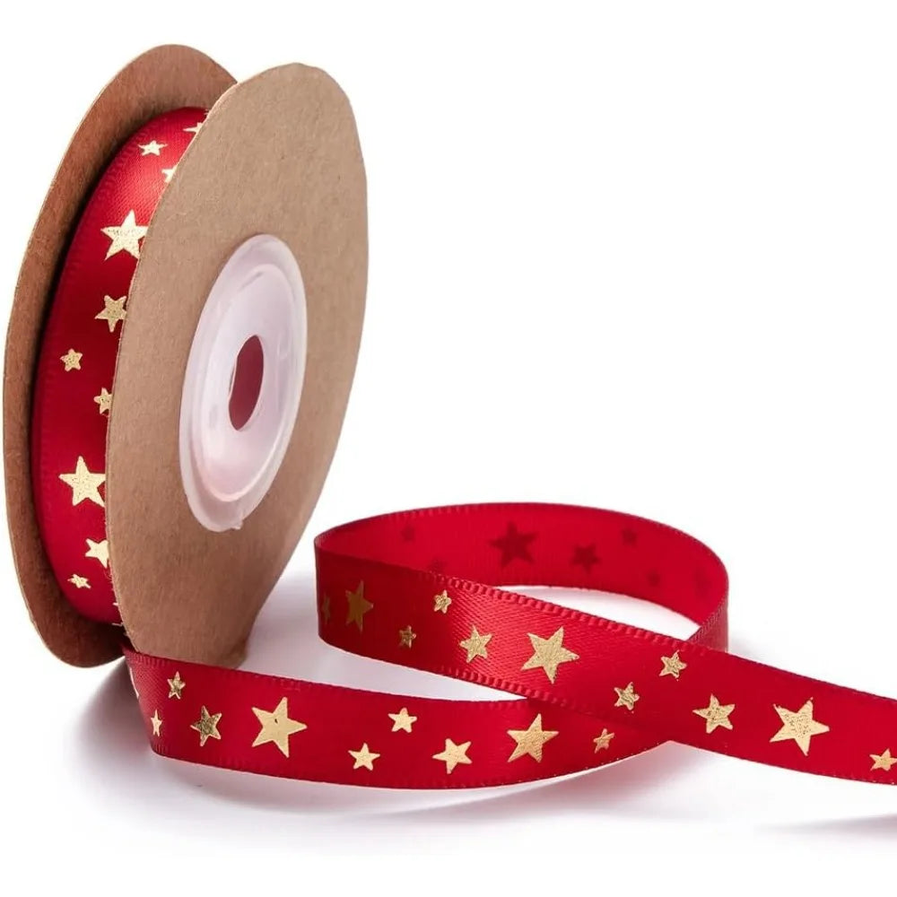 Red Gold Star Polyester Ribbon 3/8" – 30 Yards (3 Rolls) Craft Ribbon Axl AECH04-18256