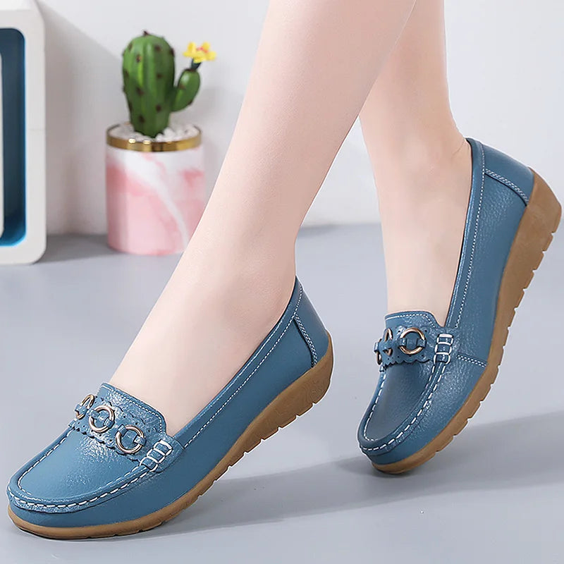 HAJINK Women's Leather Slip-On Loafers – Low Wedge Flat Shoes Women's Flat Loafers Axl