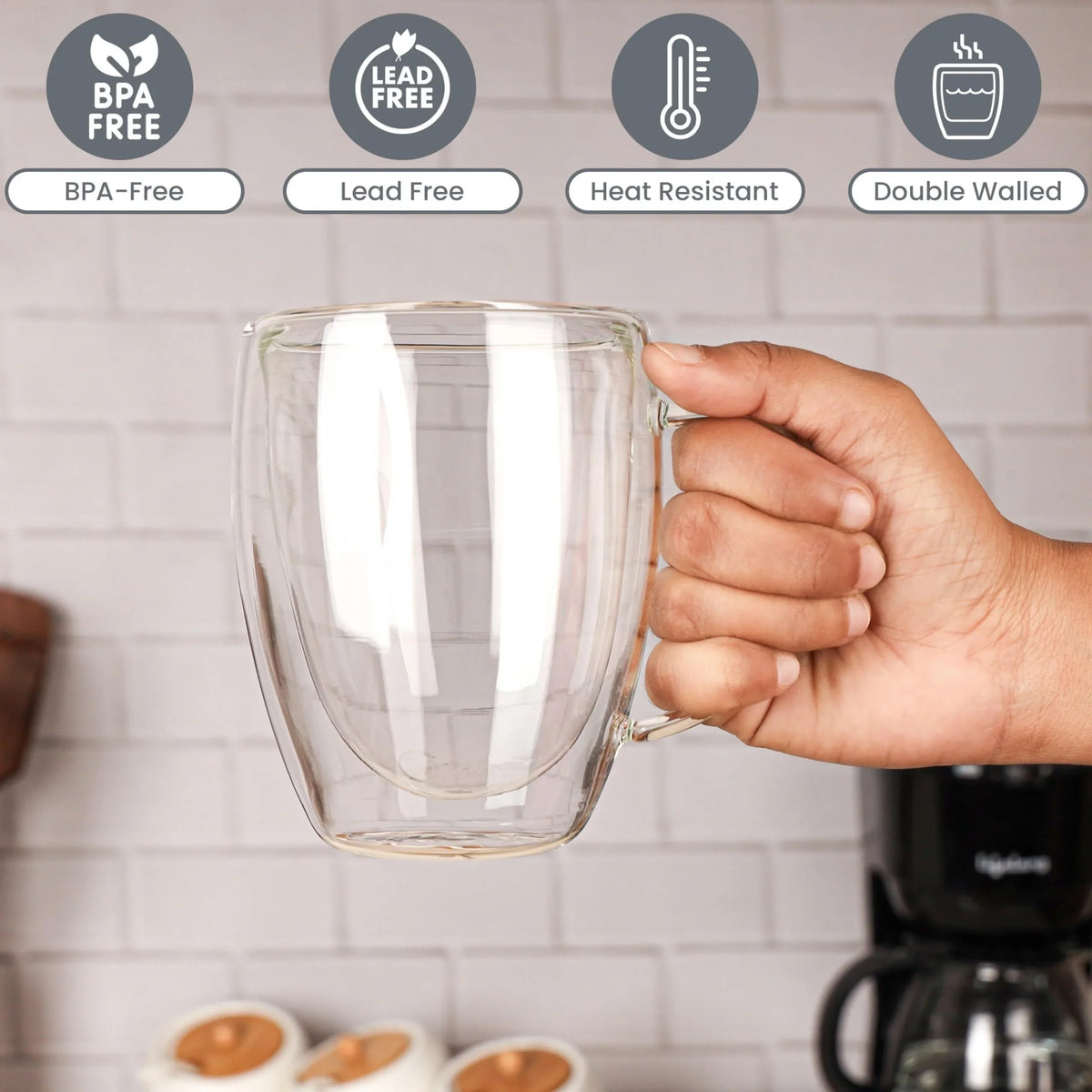 KEMORELA 350ml Double Wall Glass Coffee Mugs | Set of 2/4/6 Glass Coffee Mugs Axl