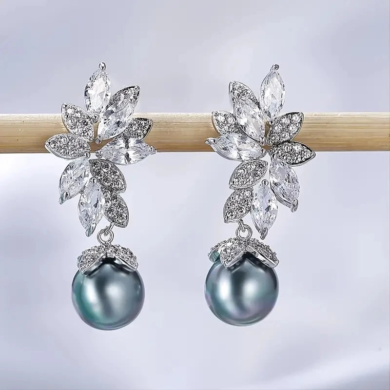 Huitan CZ Pearl Leaf Dangle Earrings | Colorful Statement Jewelry Dangle Earrings Axl E3190