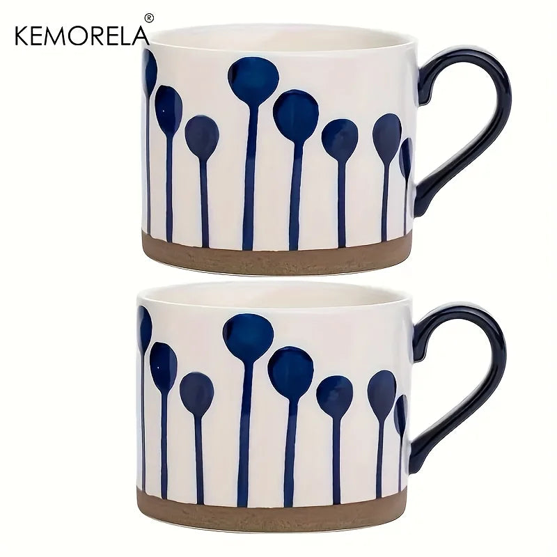KEMORELA 2-Pack Ceramic Coffee Mugs – Blue & White Geometric Ceramic Coffee Mugs Axl D 400ML