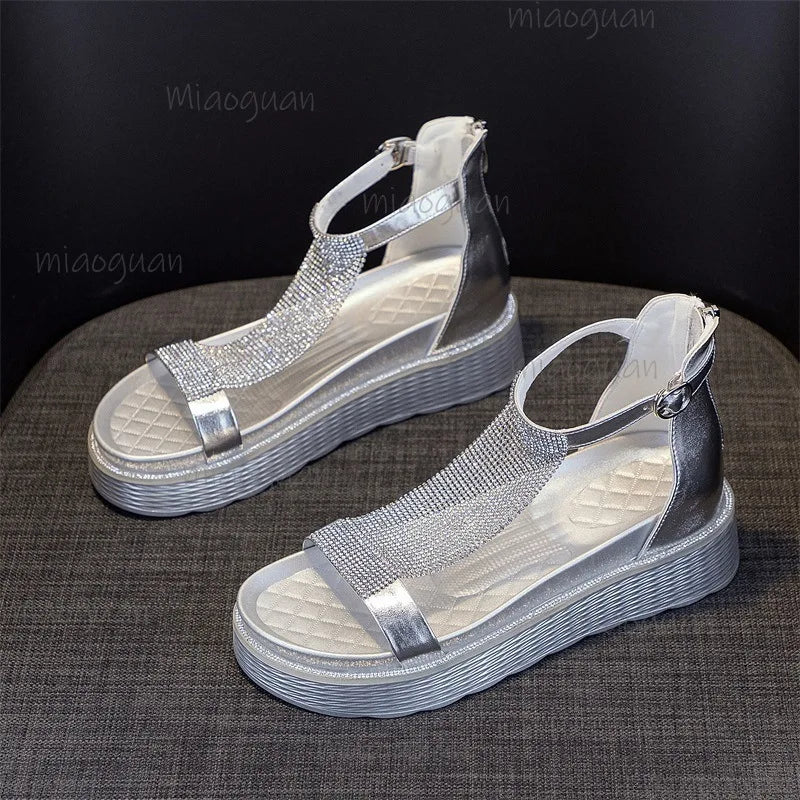 Women's Rhinestone T-Strap High Heel Gladiator Sandals High Heel Sandals Axl Silver 38