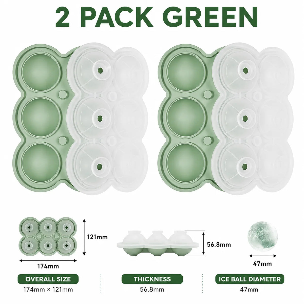 6-Sphere Silicone Ice Ball Maker Tray with Funnel Lid | Bar Silicone Ice Ball Tray Axl 2 Pack Green