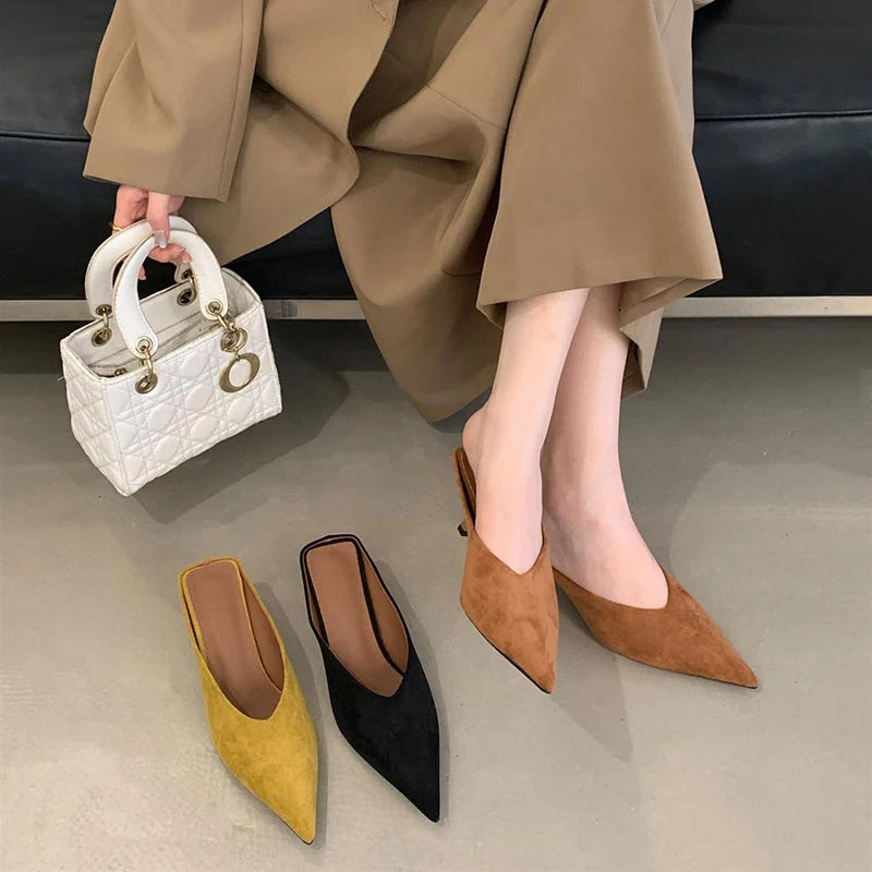 Women's Pointed Toe Mule Slides | Elegant Mid Heel Dress Shoes Mid Heel Mule Slides Axl