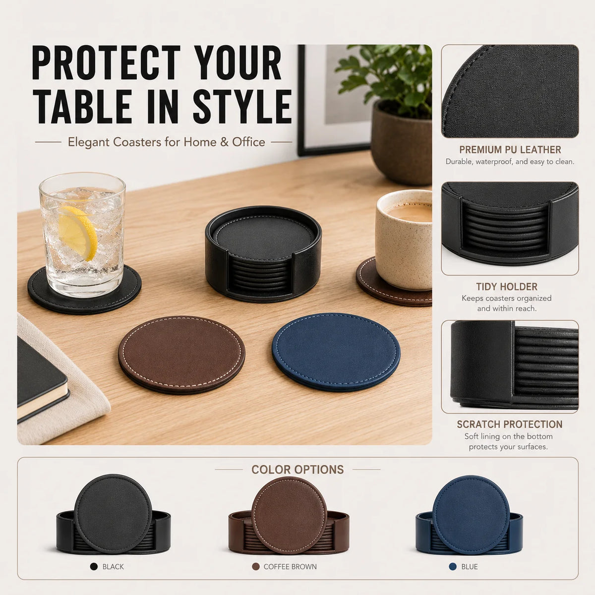 6-Piece PU Leather Coasters with Holder – Waterproof & Heat Resistant Leather Coaster Set Axl