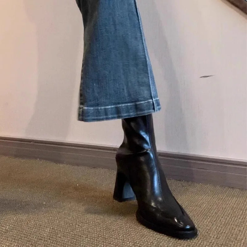 Women's Thick Heel Ankle Boots – Retro Square Toe High Heels Ankle Boots Axl