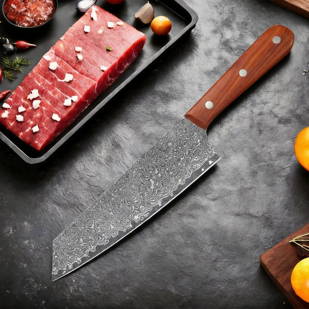 Damascus Steel Kiritsuke Knife – 19.5cm Blade & Wood Handle Kitchen Knife Axl