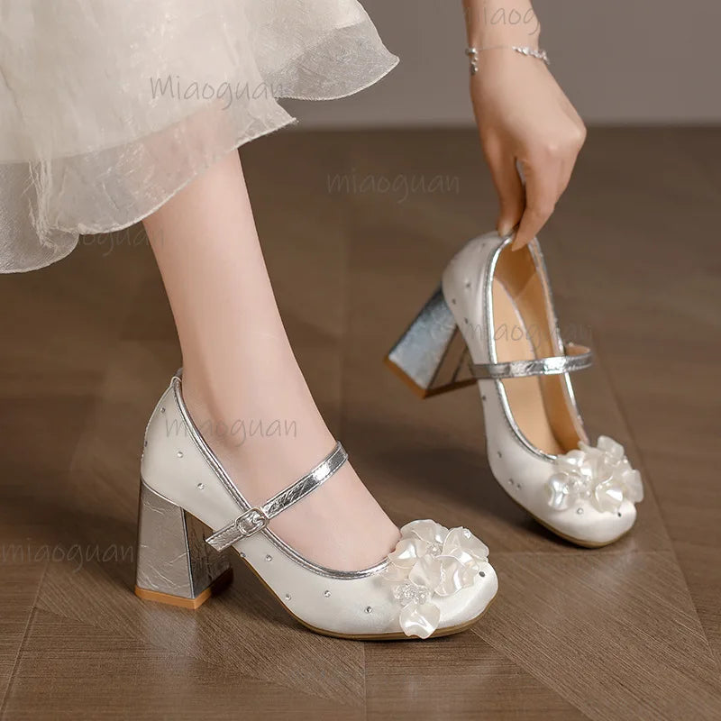 Rhinestone Flower Mary Jane Heels – Women's 7.5cm Party Pumps Mary Jane Pumps Axl