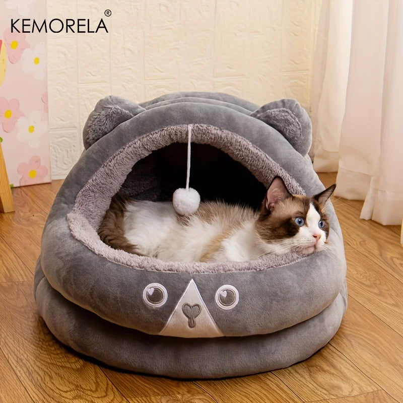 KEMORELA Bear Shape Semi-Enclosed Cat & Dog Bed – Warm Plush Pet Bed Axl Grey L