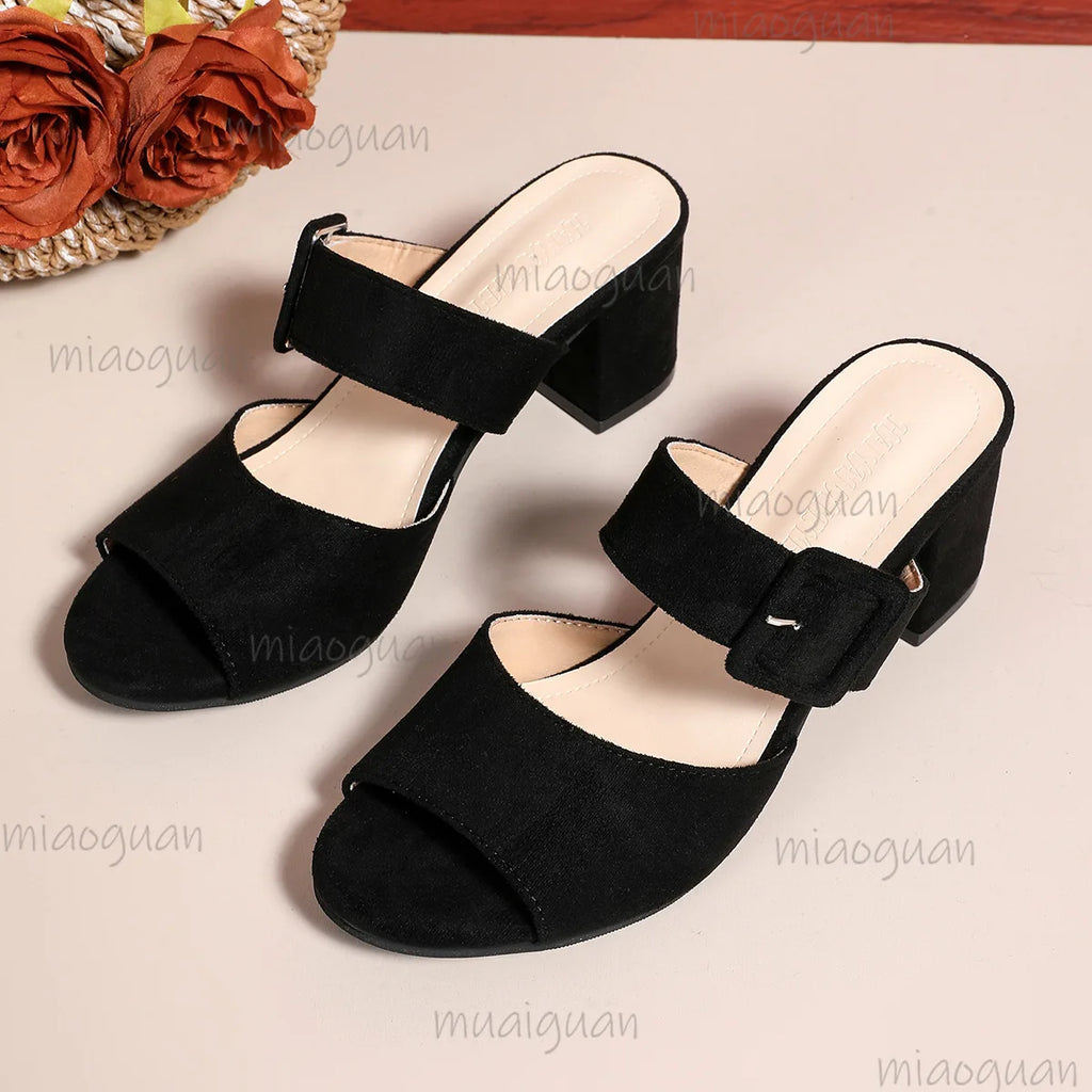 Women's Peep Toe Heeled Sandals – Buckle Square Heel Plus Size Heeled Sandals Axl