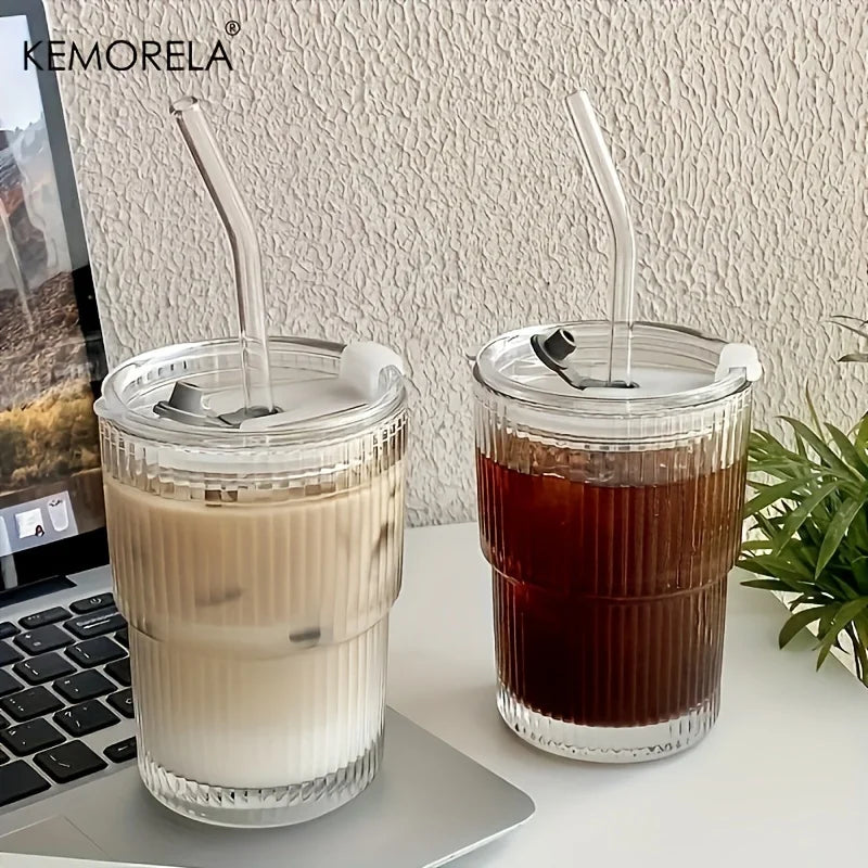 KEMORELA 450ml Stripe Glass Cups with Lid & Straw | 4/6 Pack Glass Drinkware Set Axl