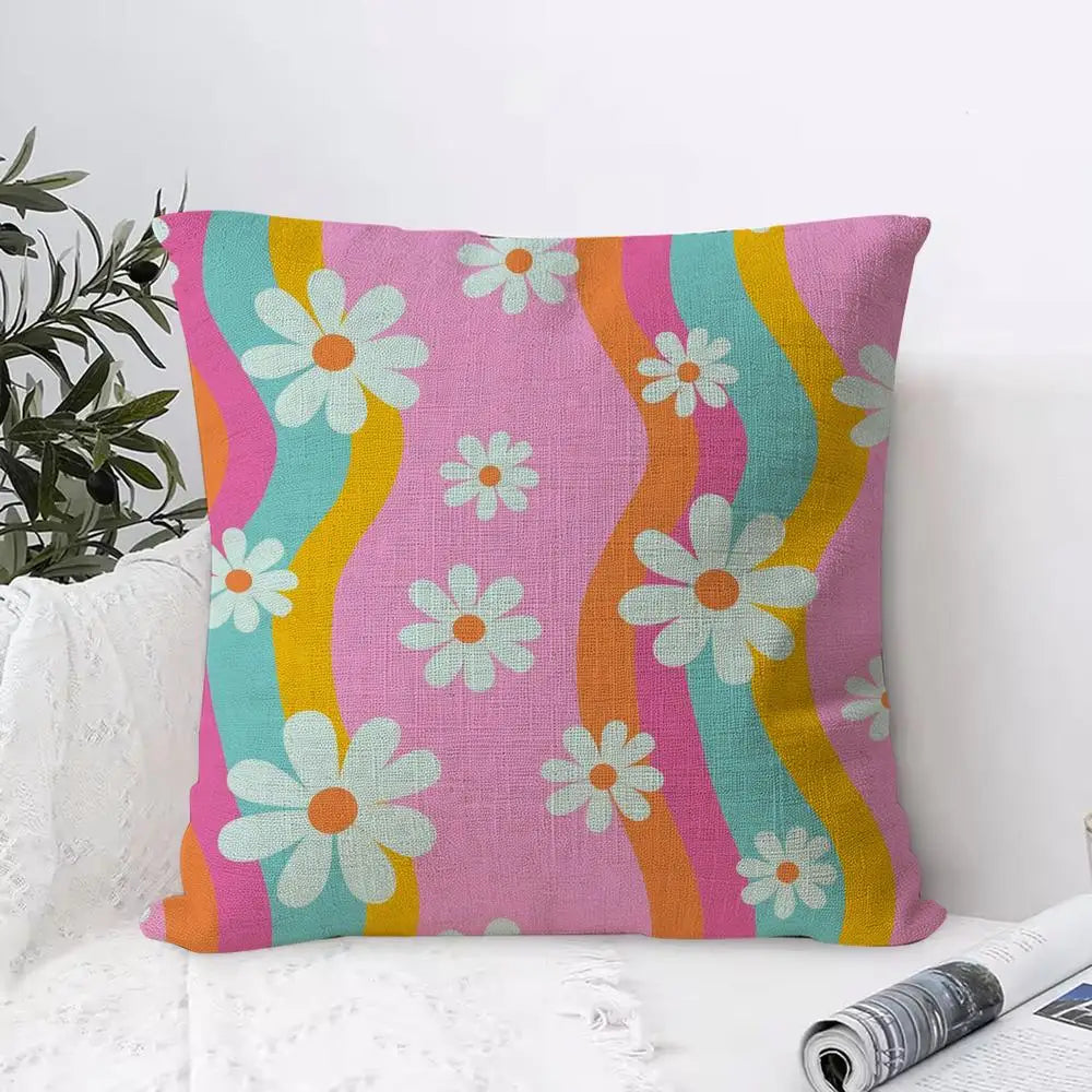 Colorful Daisies Linen Cushion Cover with Hidden Zipper Decorative Cushion Cover Axl White3 35X35cm