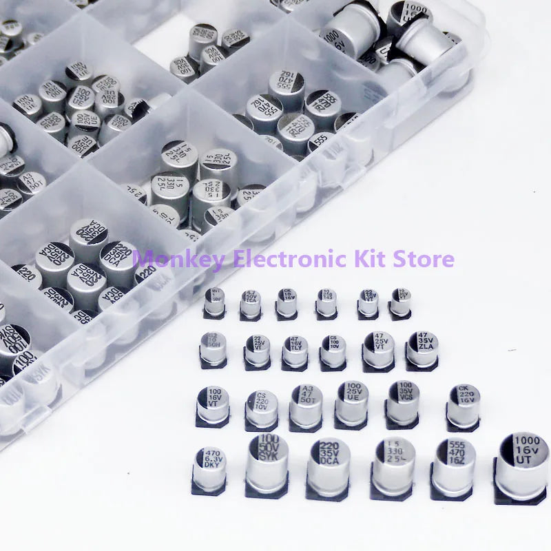 400PCS SMD Electrolytic Capacitor Kit 1µF–1000µF 24 Values Box Capacitor Assortment Kit Axl