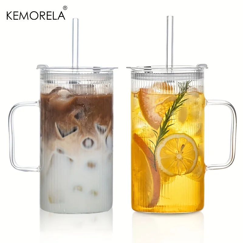 KEMORELA 740ml Ribbed Glass Tumbler with Handle, Lid & Straw Glass Tumbler Set Axl 2pcs 740ml