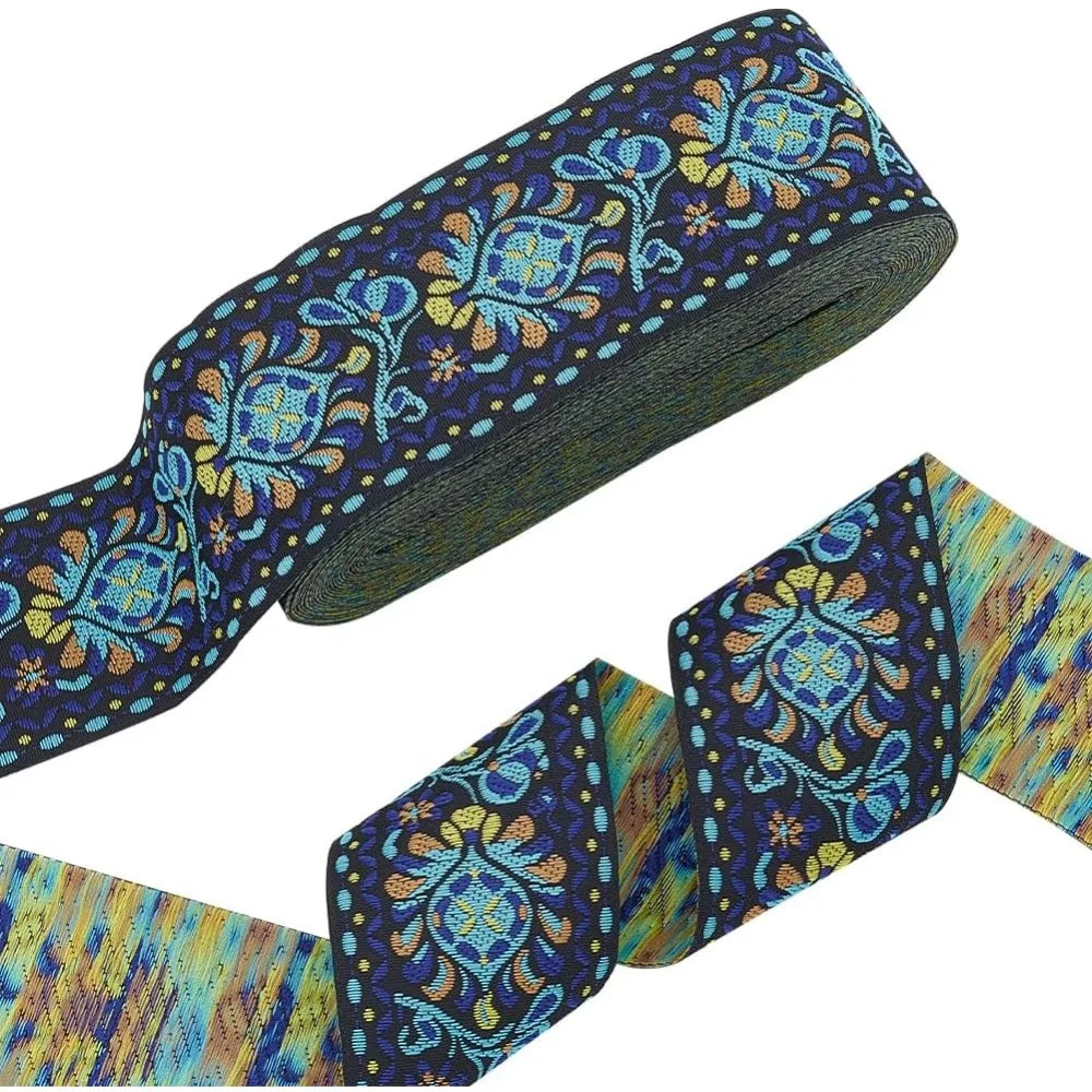 Ethnic Jacquard Flower Ribbon Sky Blue 2 inch – 10 Yards Sewing Sewing Ribbon Trim Axl AECH04-18181
