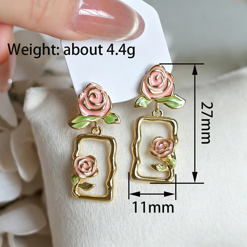 Huitan Pink Enamel Rose Dangle Earrings – Floral Drop Earrings Dangle Drop Earrings Axl