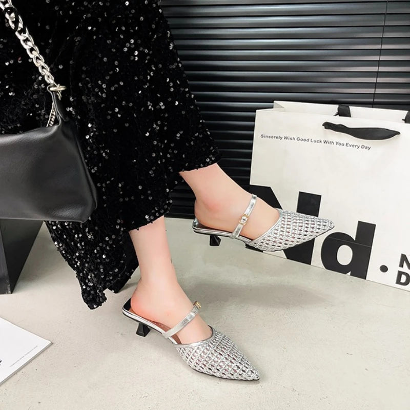Women's Hollow Weave High Heel Mules – Square Heel Dress Slides High Heel Mules Axl