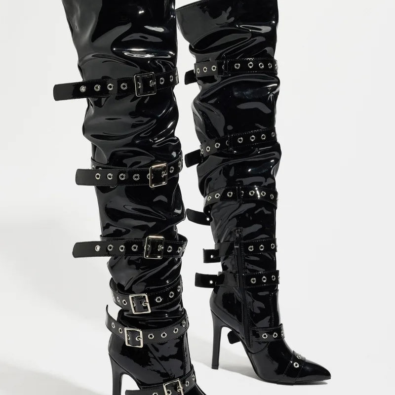 Women's Punk Over-the-Knee Boots – Rivet High Heel Buckle Over-the-Knee Boots Axl