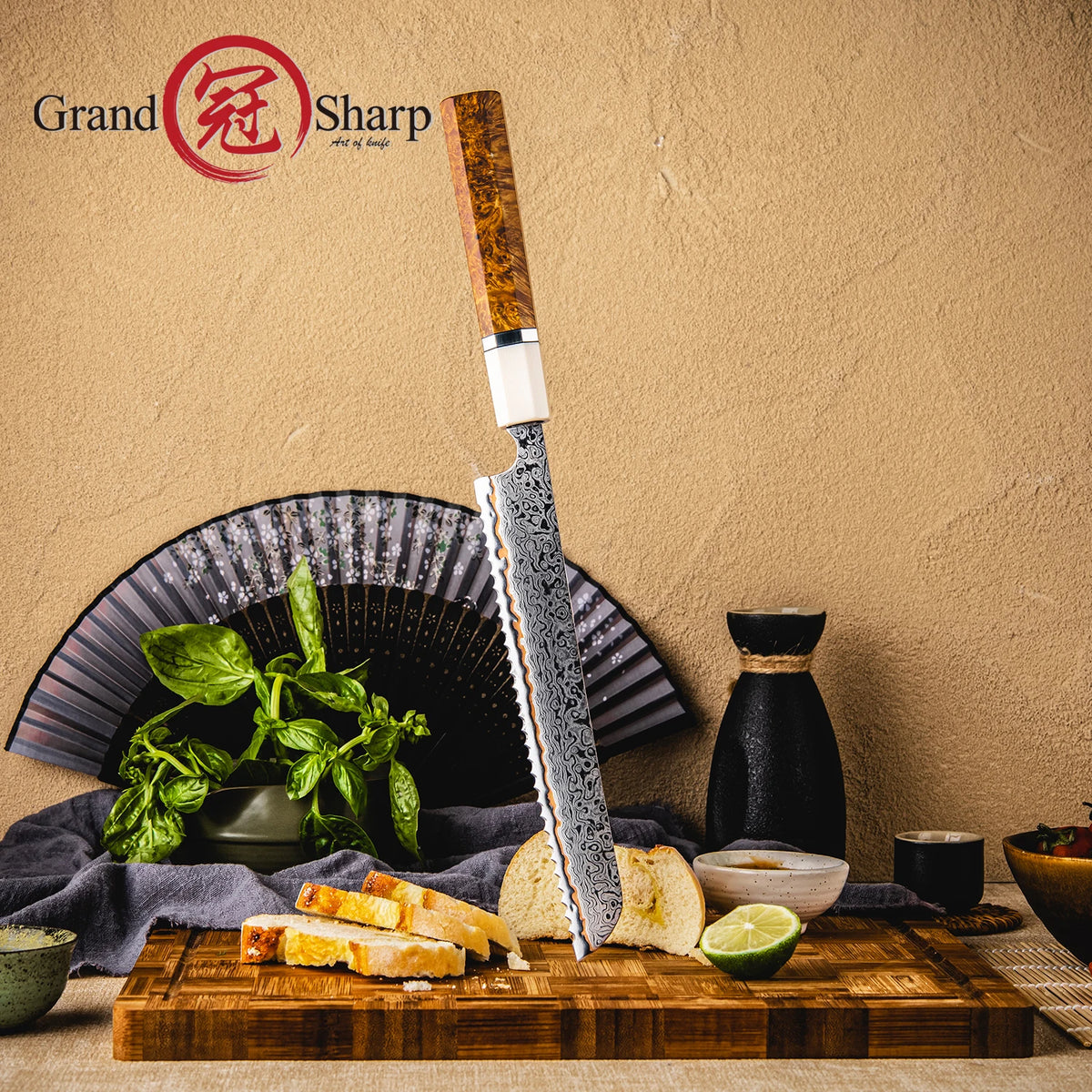 Grandsharp 8" Damascus Bread Knife – 55-Layer Serrated Steel Damascus Bread Knife Axl