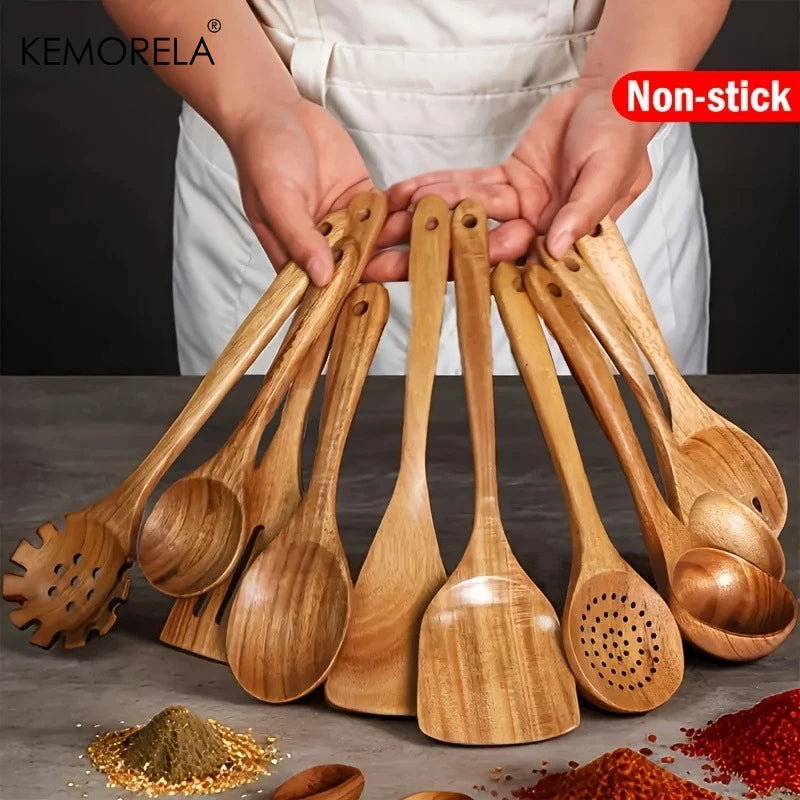 10-Piece Natural Wooden Kitchen Utensil Set – Spoons & Spatulas Wooden Kitchen Utensils Axl