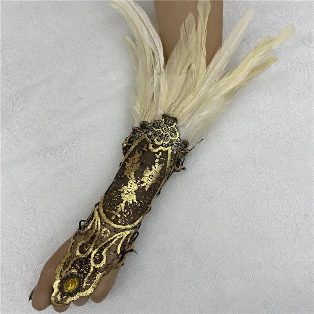 Women's Feather Lace Cuffs – Vintage Gothic Halloween Wristband Costume Feather Gloves Axl White
