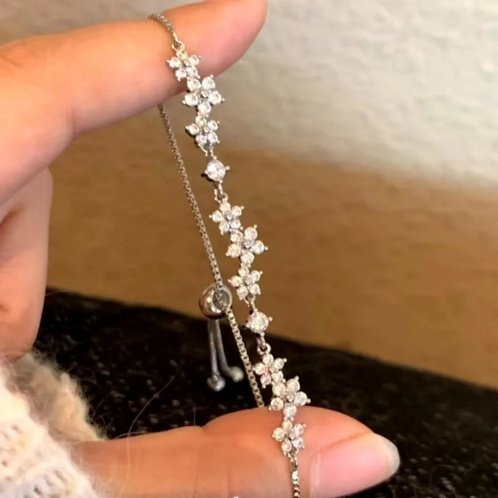 Cherry Blossom CZ Adjustable Floral Bracelet | Zirconia Floral Chain Bracelet Axl Silver