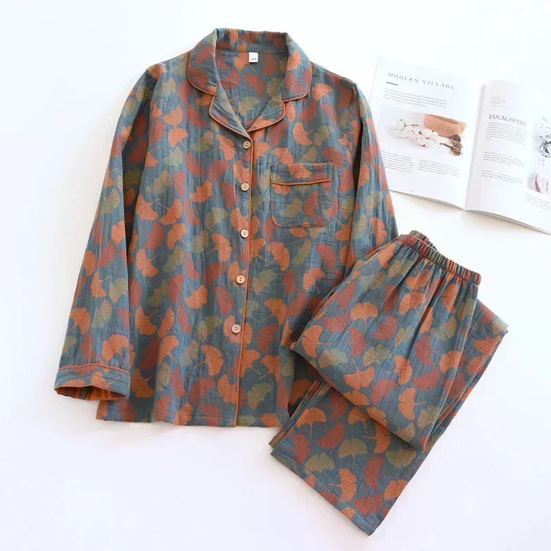 Women's 100% Cotton Floral Pajama Set – Long Sleeve Two-Piece Women's Pajama Set Axl ginkgo leaf L