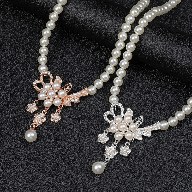 Faux Pearl Rhinestone Flower Necklace & Earrings Set for Women Jewelry Set Axl