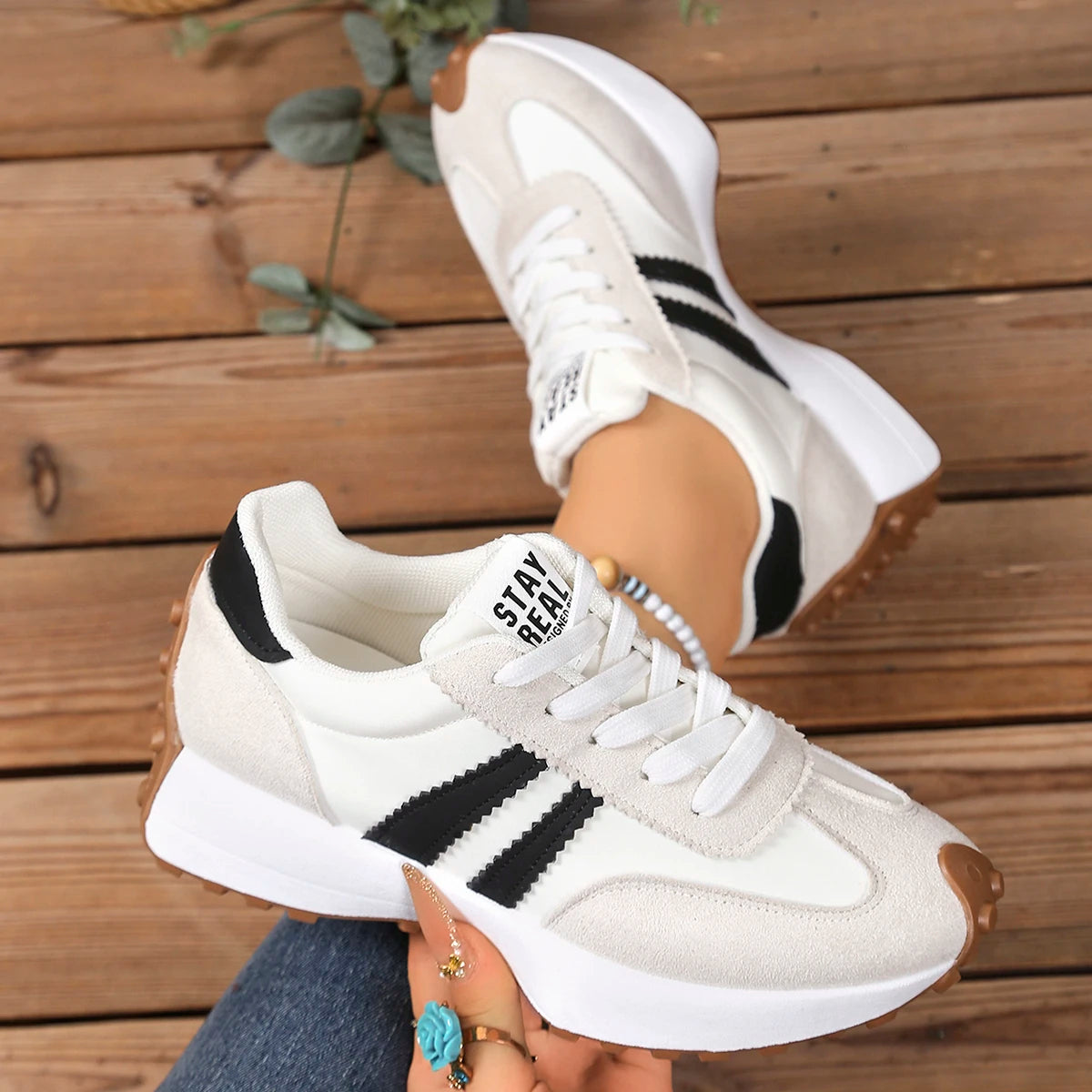 Women's Thick Sole Patchwork Sneakers – Waterproof Lace-Up Women's Sneakers Axl White 36