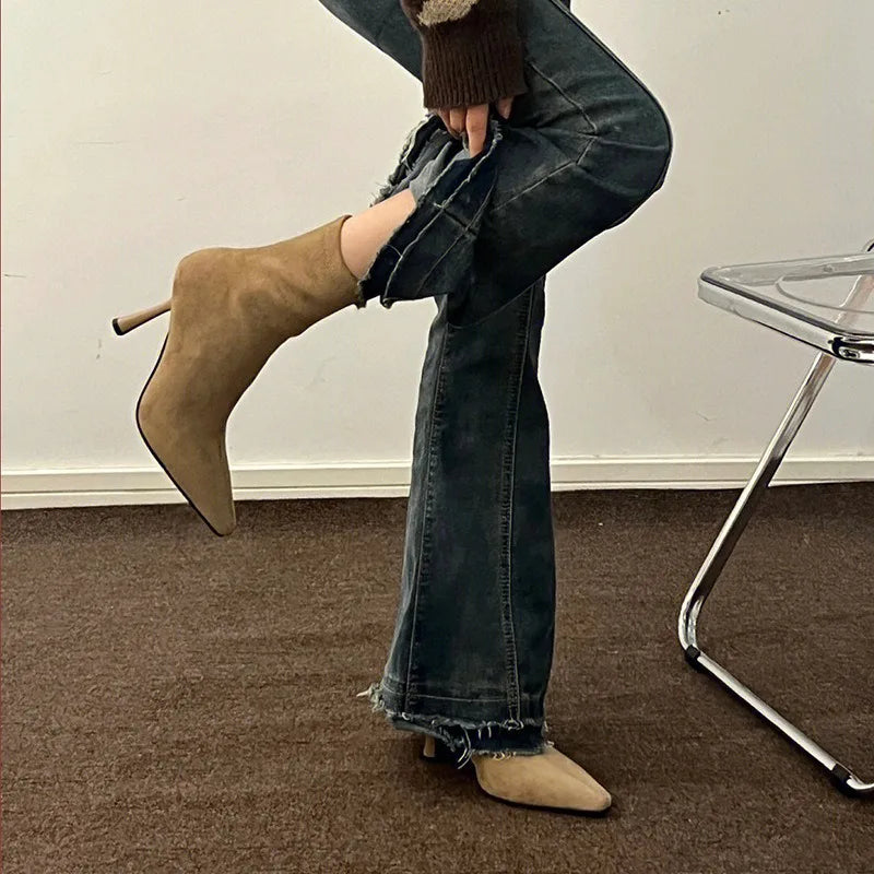 Women's Stiletto Ankle Boots – Pointed Toe Suede Zip Design Stiletto Ankle Boots Axl