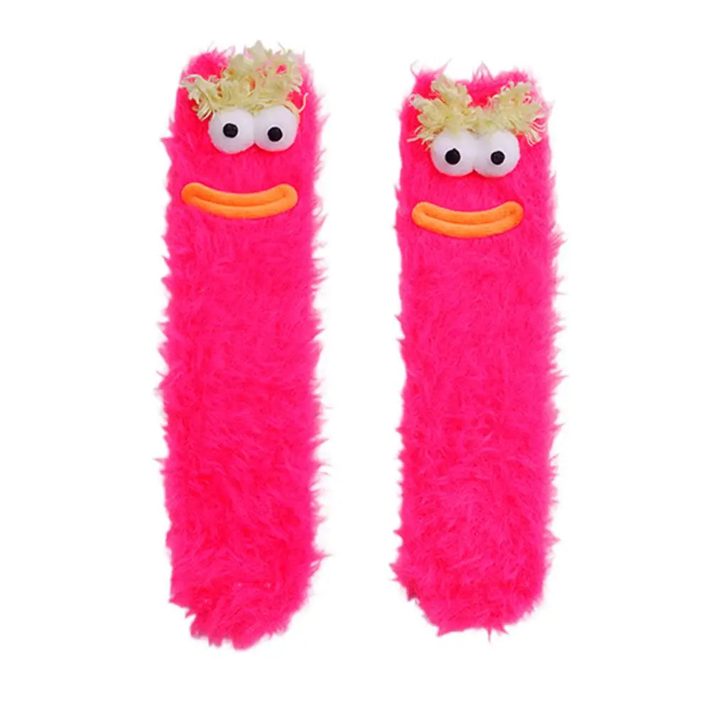 Plush Monster Cartoon Socks – Funny Big Eyes Women's Warm Socks Novelty Crew Socks Axl Pink M