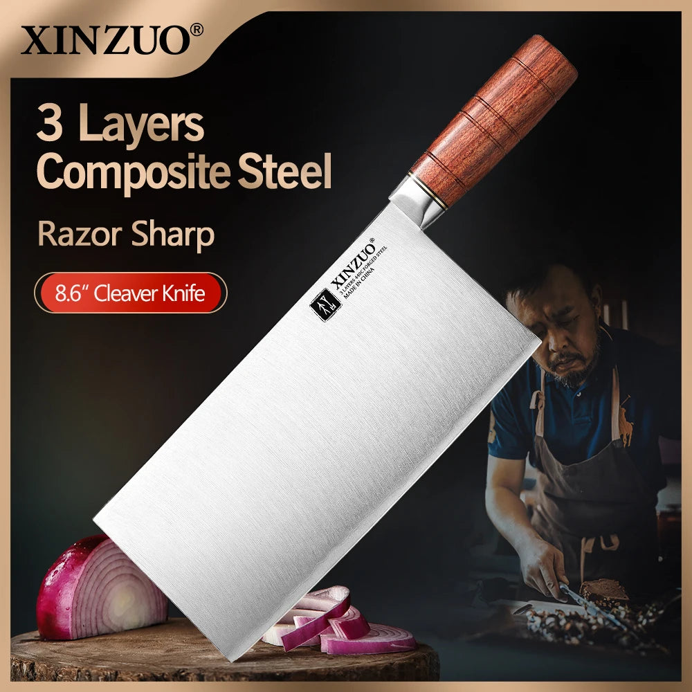 XINZUO 8.6" Cleaver Knife – 3-Layer Steel & Red Wood Handle Kitchen Cleaver Knife Axl China Mainland