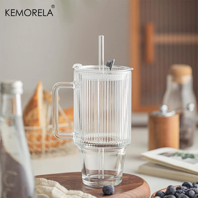 KEMORELA 700ml Striped Glass Cup with Lid, Straw & Handle Glass Drinking Cup Axl