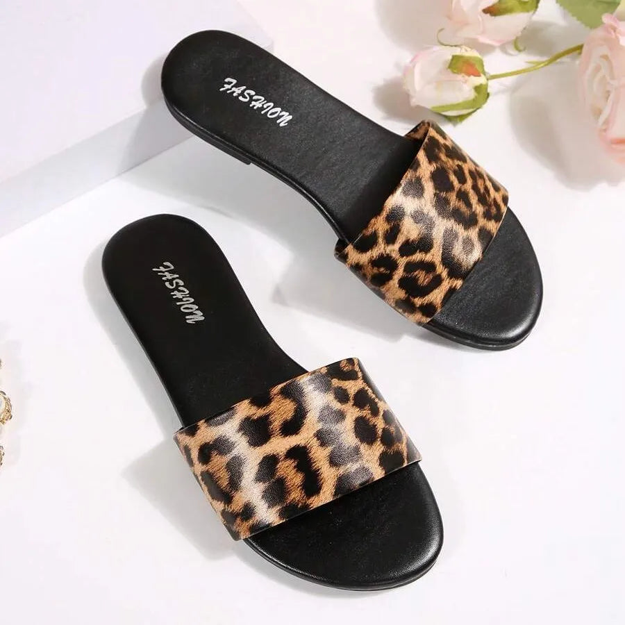 Women's Leopard Print Flat Flip-Flops – Single Strap Beach Sandals Beach Flip-Flops Axl