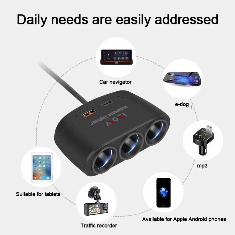 3-in-1 Car Cigarette Lighter Splitter 120W Dual USB Fast Charger Car Charger Splitter Axl