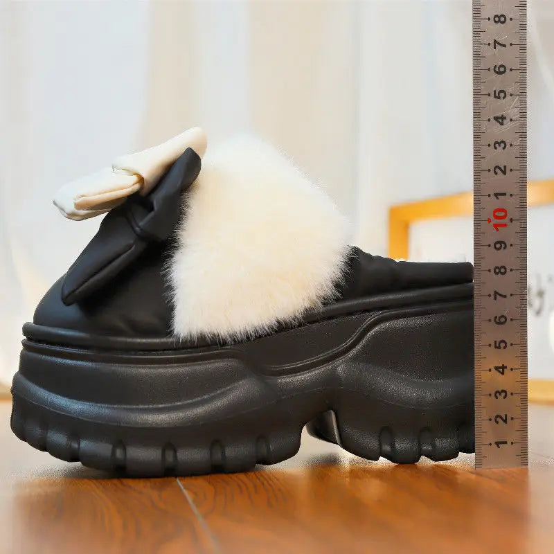 Women's Bow Plush High-Heel Slippers – Warm Winter Slides Plush Heel Slippers Axl