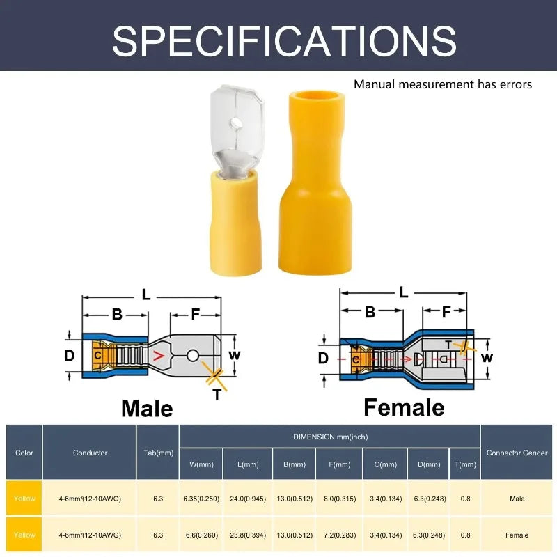 25-Set 6.3mm Insulated Crimp Terminal Connectors 12-10 AWG Crimp Terminal Connectors Axl