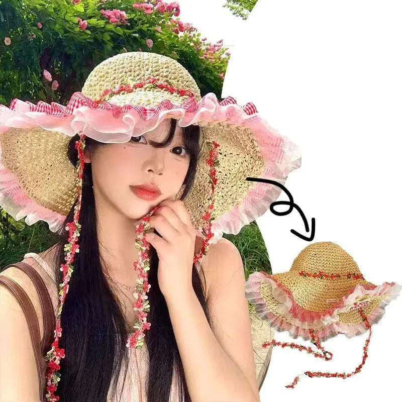 Women's Large Brim Straw Hat – Floral Bow Summer Beach Hat Wide Brim Straw Hat Axl A6