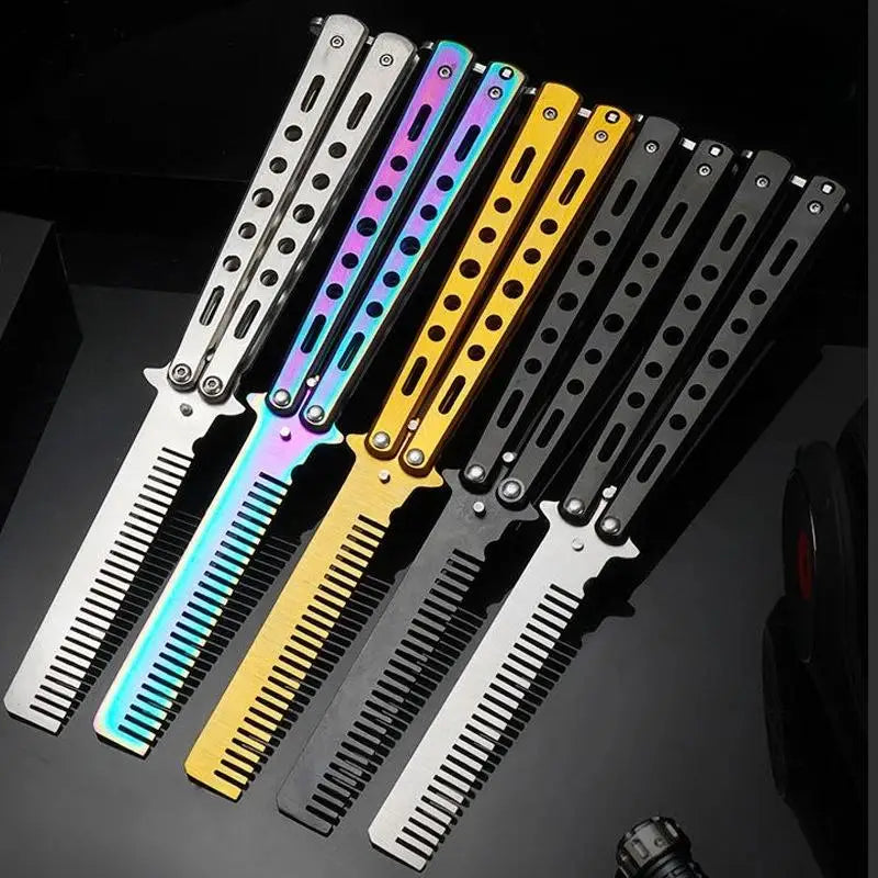 Butterfly Knife Comb – Foldable Stainless Steel Beard Styling Tool Novelty Grooming Comb Axl